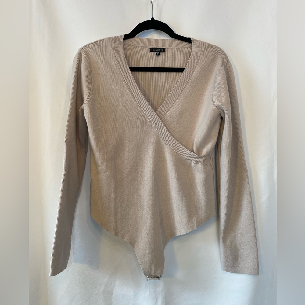 Dynamite Neutral Taupe Wrap-Front Long Sleeve Bodysuit